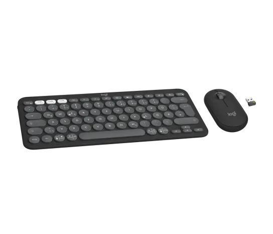 Logitech Pebble 2 wireless keyboard and mouse combo in sleek minimalist design, featuring compact low-profile keys and a smooth ergonomic mouse, ideal for modern workspaces.