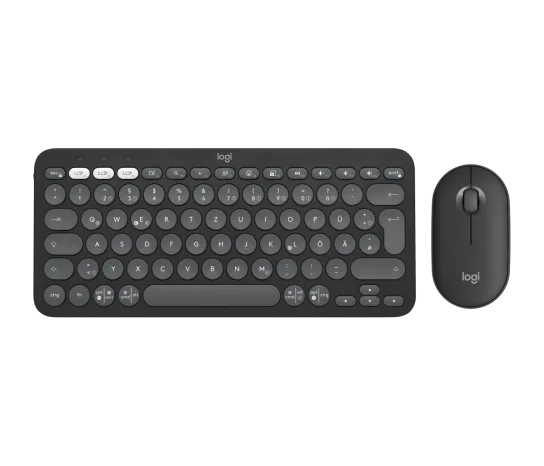 Logitech Pebble 2 wireless keyboard and mouse combo in sleek minimalist design, featuring compact low-profile keys and a smooth ergonomic mouse, ideal for modern workspaces.