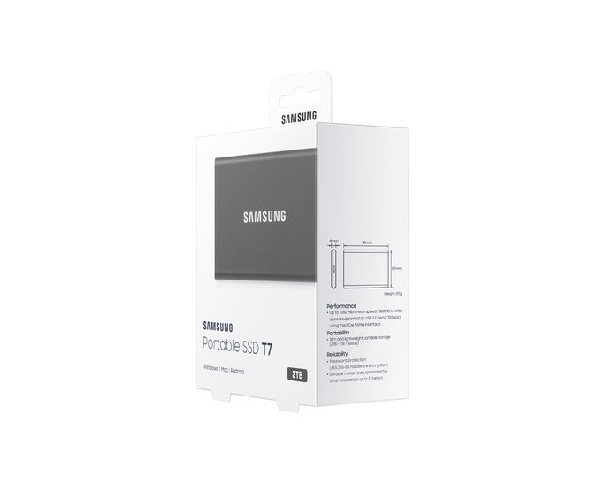 Samsung T7 MU-PC2T0T 2TB portable SSD with USB 3.2 Gen 2 up to 1050MB/s transfer speed and AES 256-bit hardware encryption