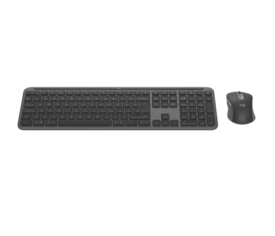 Side profile of Logitech MK950 wireless keyboard and mouse showing slim keyboard and ergonomic mouse design