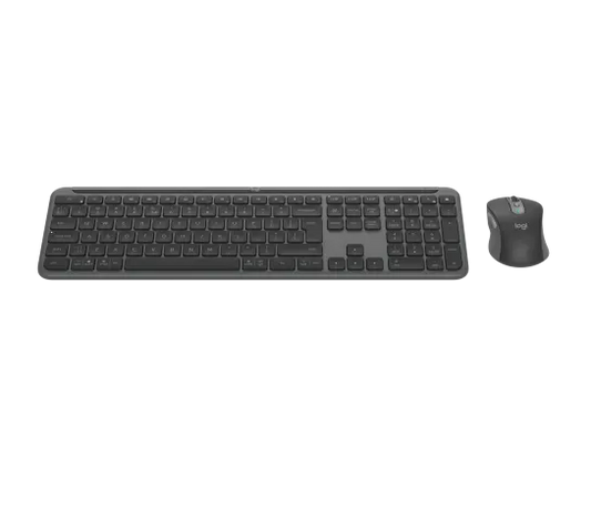Side profile of Logitech MK950 wireless keyboard and mouse showing slim keyboard and ergonomic mouse design