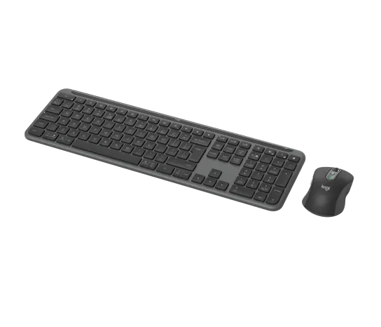 Side profile of Logitech MK950 wireless keyboard and mouse showing slim keyboard and ergonomic mouse design