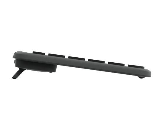 Side profile of Logitech MK950 wireless keyboard and mouse showing slim keyboard and ergonomic mouse design