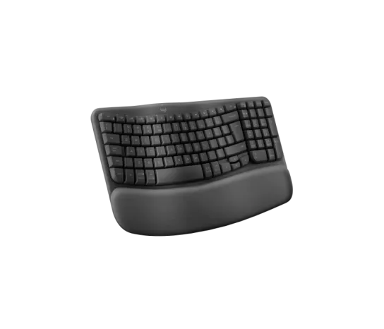 Side profile of Logitech Wave Keys ergonomic keyboard showing curved key design and palm rest for comfortable typing
