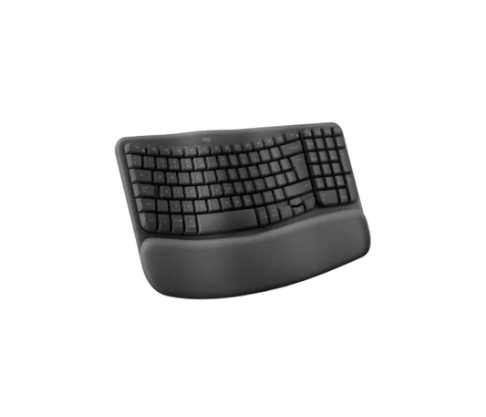 Side profile of Logitech Wave Keys ergonomic keyboard showing curved key design and palm rest for comfortable typing
