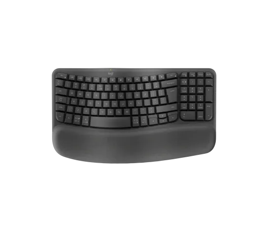 Logitech Wave Keys Wireless Ergonomic Keyboard in black with wave-shaped layout and cushioned palm rest