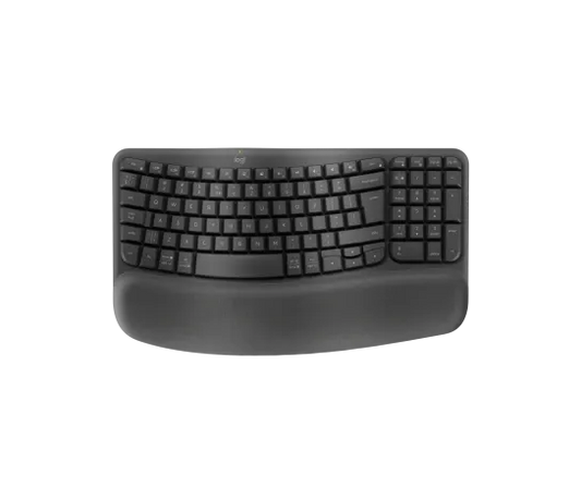 Logitech Wave Keys Wireless Ergonomic Keyboard in black with wave-shaped layout and cushioned palm rest