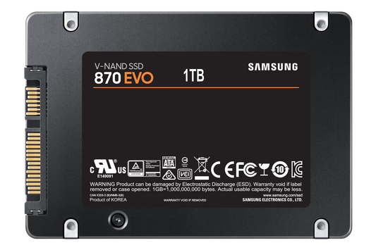 Samsung 870 EVO 1TB 2.5 inch SATA SSD front view showing compact design