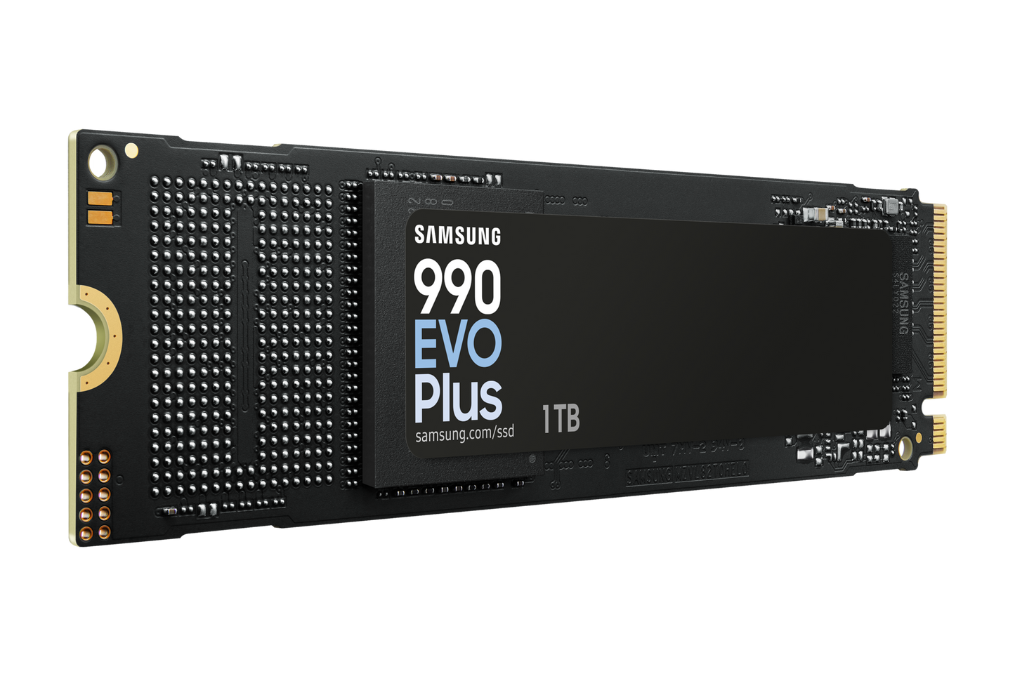 Samsung 990 EVO Plus 1TB NVMe SSD front view showing M.2 2280 compact design