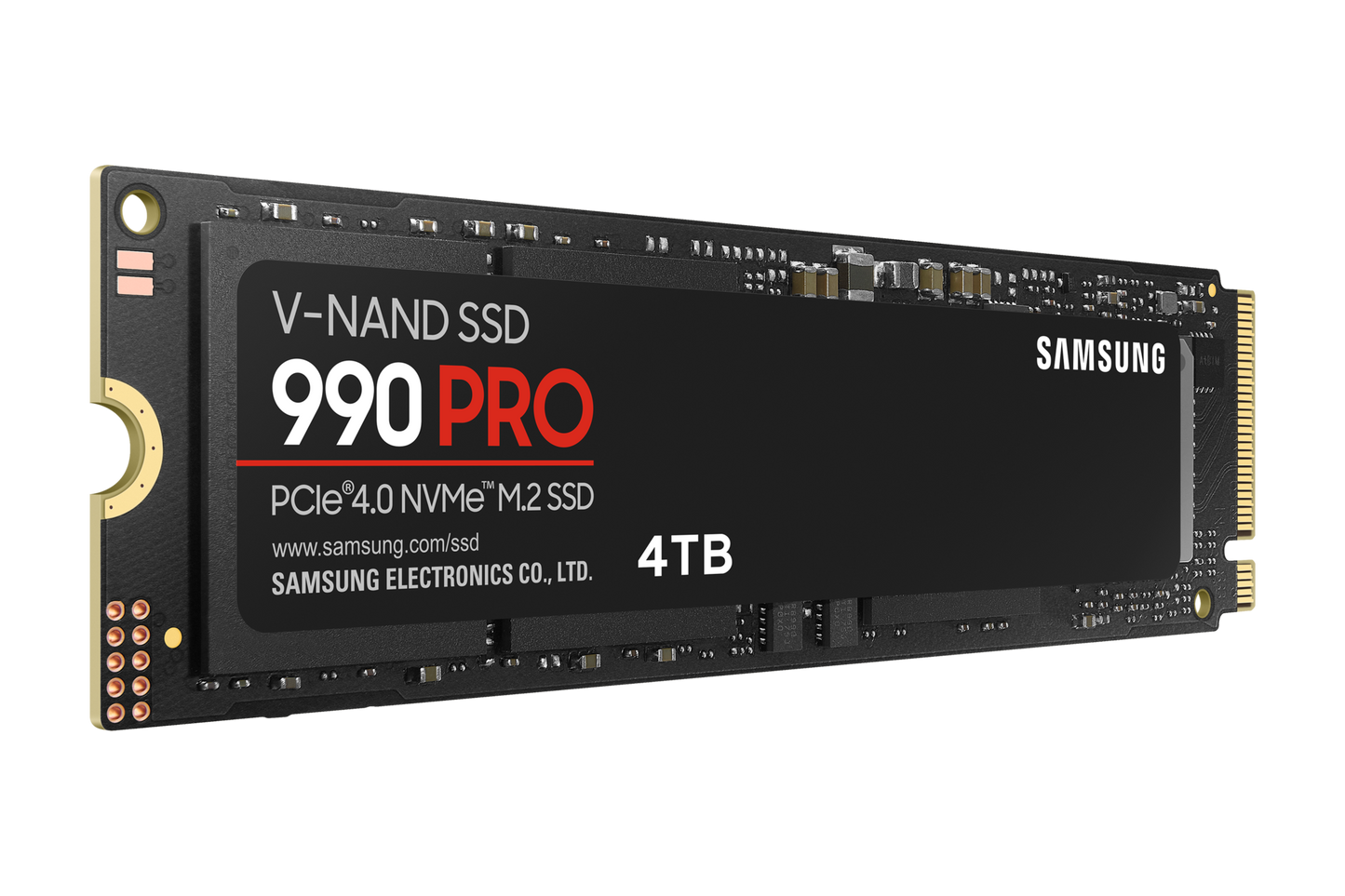 Samsung 990 PRO 4TB NVMe SSD front view showing M.2 2280 compact design