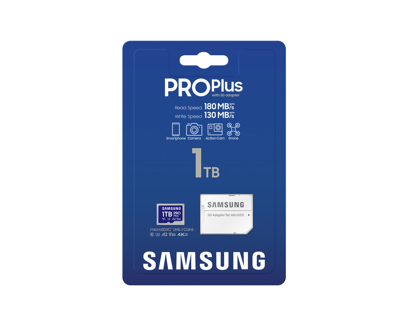 Samsung PRO Plus microSDXC 1TB memory card front view with label visible