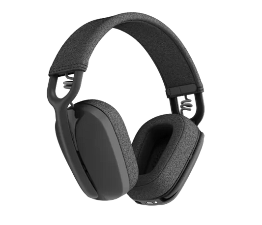 Logitech Zone Vibe 100 Wireless Headset in graphite with over-ear cushions and sleek design