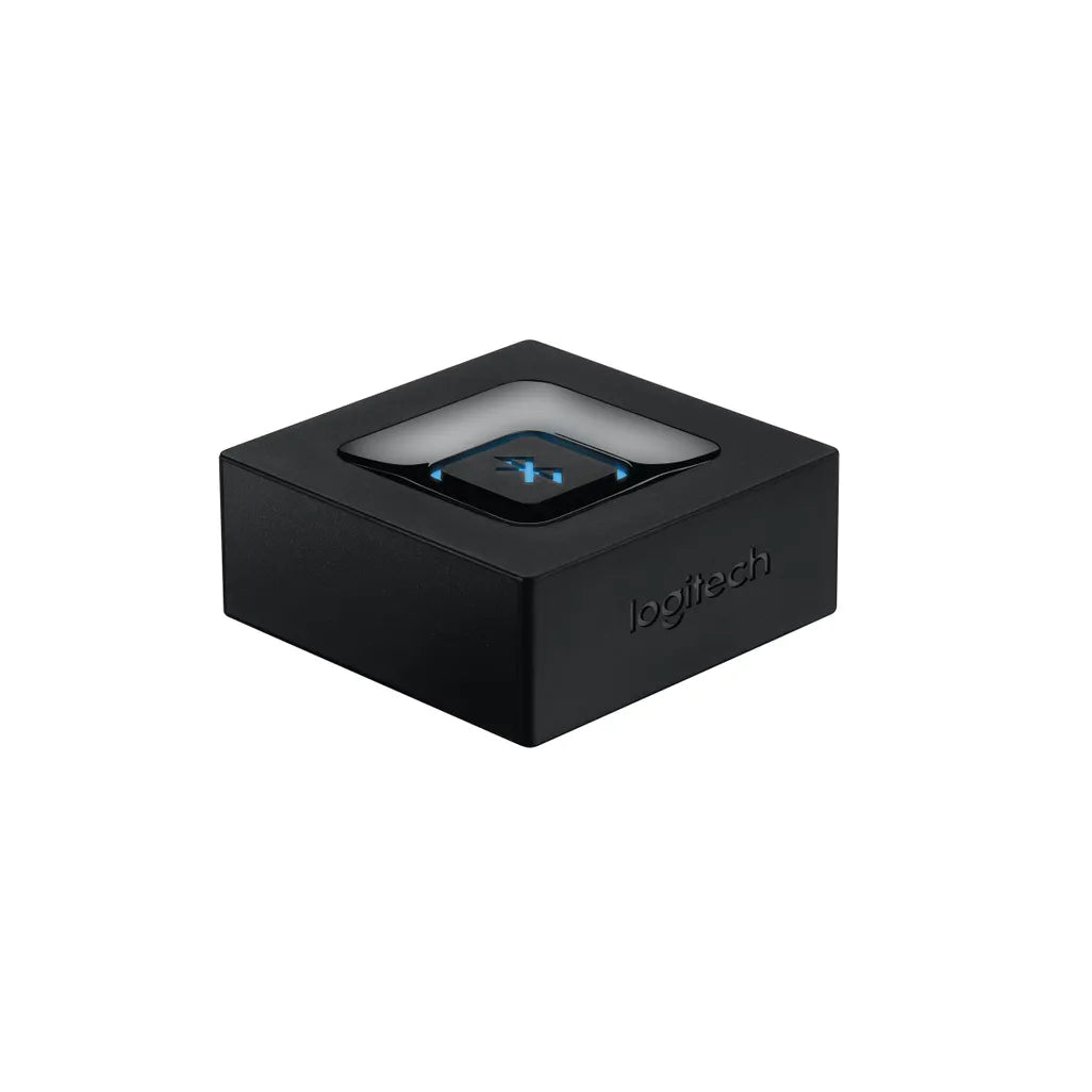 Logitech Bluetooth Audio Adapter with one-touch pairing button and compact black design