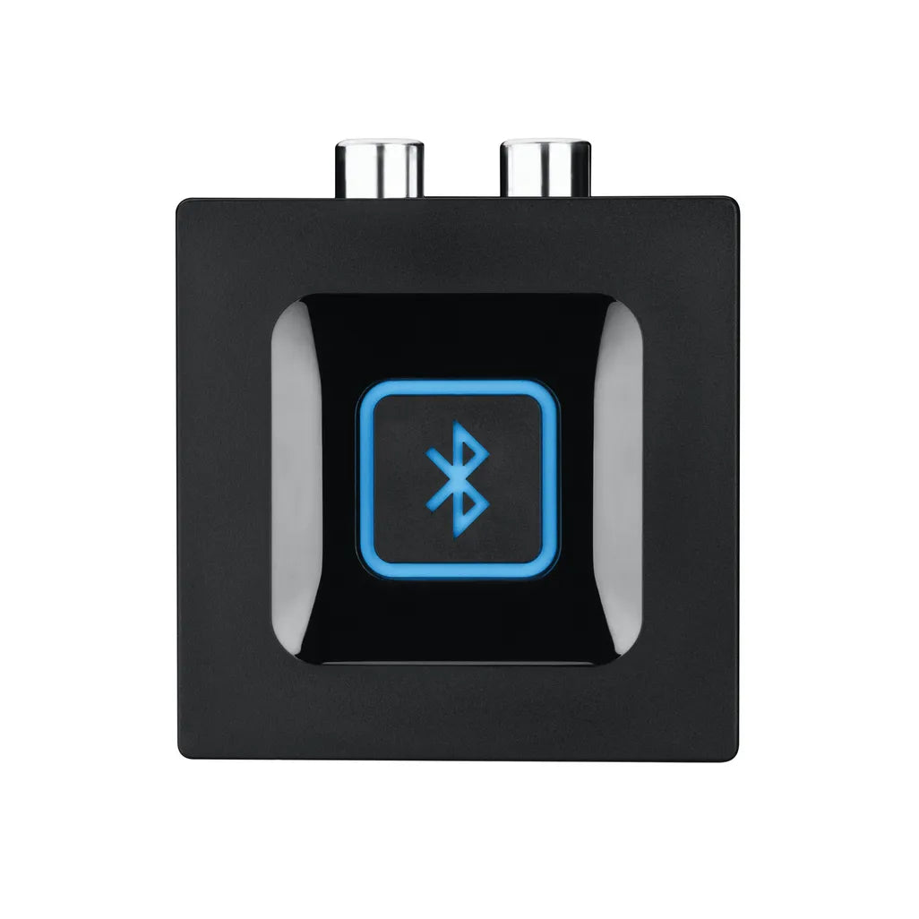 Logitech Bluetooth Audio Adapter with one-touch pairing button and compact black design