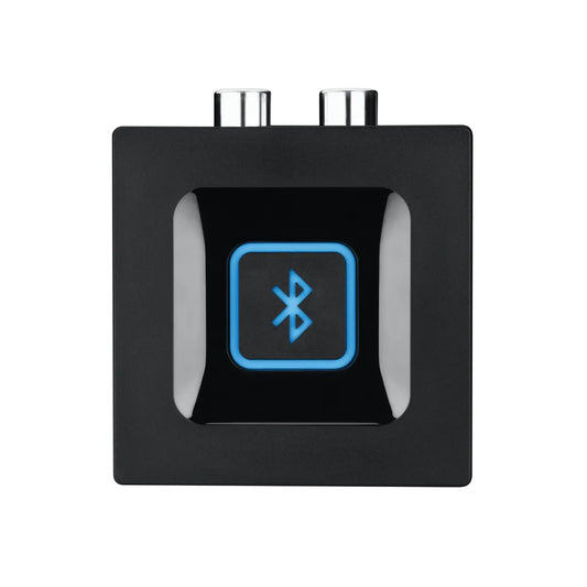 Logitech Bluetooth Audio Adapter with one-touch pairing button and compact black design