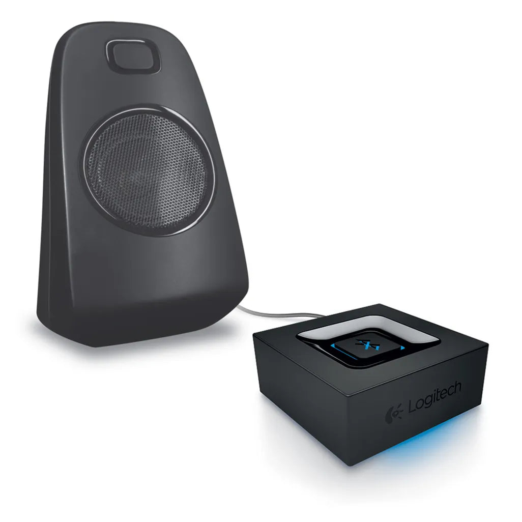Logitech Bluetooth Audio Adapter with one-touch pairing button and compact black design