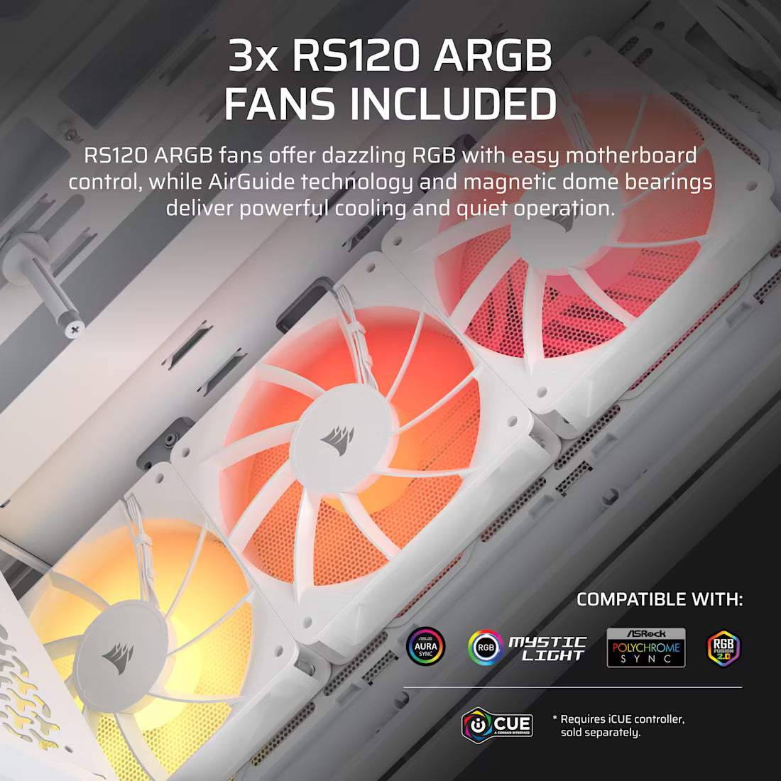Corsair 3200D RS ARGB white mid tower PC case with tempered glass and 3 RS120 ARGB fans high airflow gaming chassis