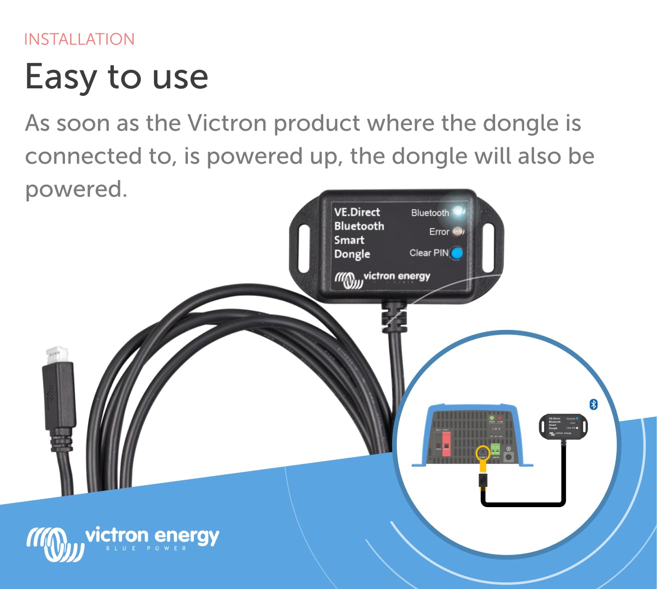 Front view of the Victron VE.Direct Bluetooth Smart Dongle with attached VE.Direct cable | Close-up of the Victron Bluetooth dongle status LEDs and PIN code button 
