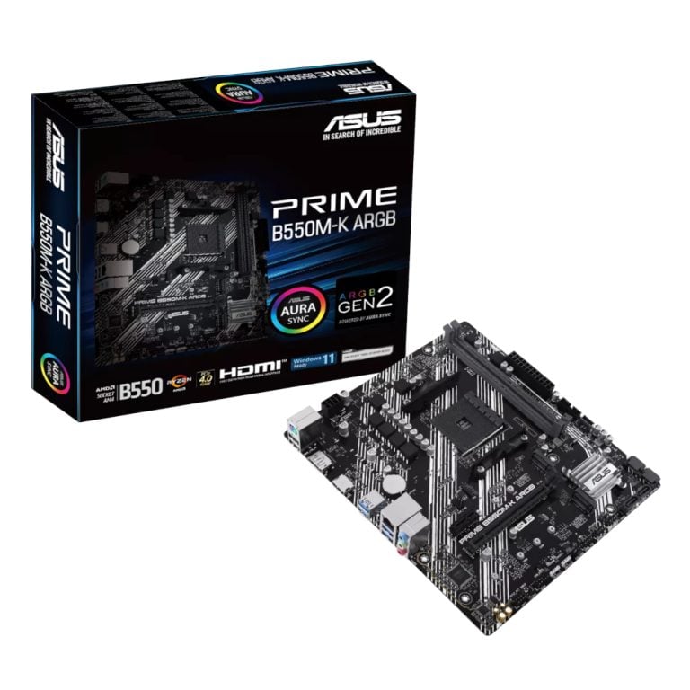 ASUS PRIME B550M-K ARGB Micro-ATX motherboard with DDR4 support and customizable RGB lighting for AMD AM4 builds