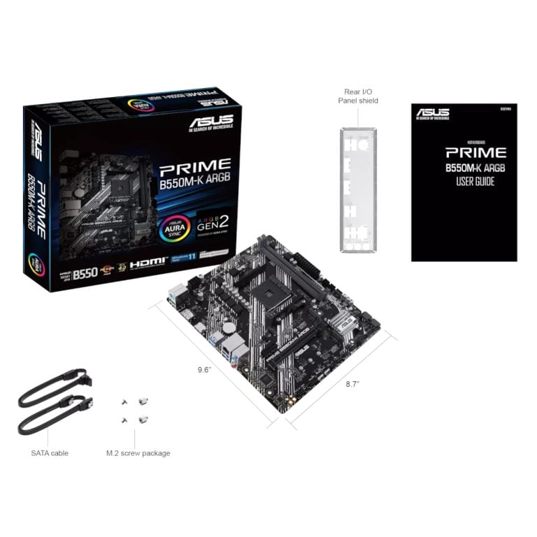 ASUS PRIME B550M-K ARGB Micro-ATX motherboard with DDR4 support and customizable RGB lighting for AMD AM4 builds