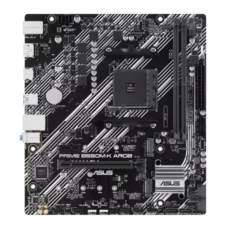 ASUS PRIME B550M-K ARGB Micro-ATX motherboard with DDR4 support and customizable RGB lighting for AMD AM4 builds