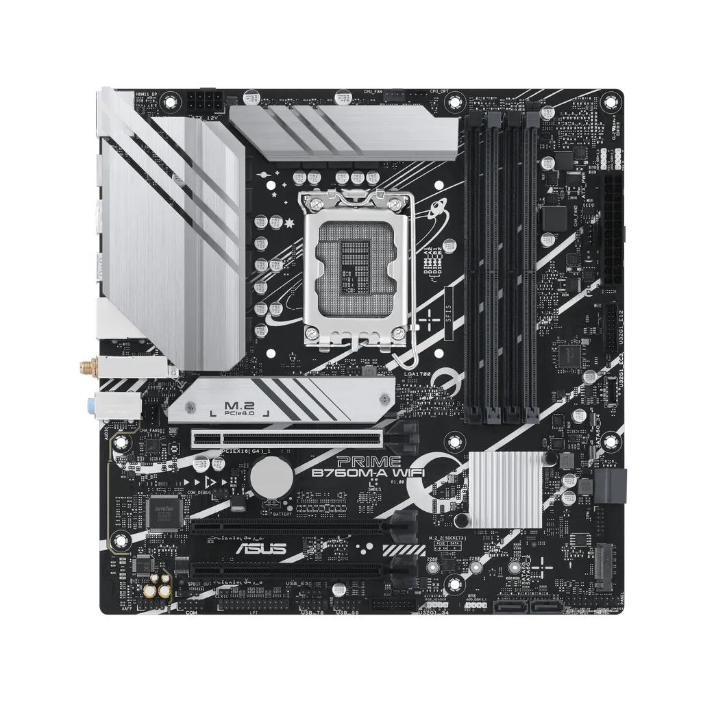 ASUS PRIME B760M-A WIFI Micro-ATX motherboard with Intel LGA1700 socket, DDR5 memory support, PCIe 5.0 expansion slot, and built-in Wi-Fi 6 for Intel 13th and 14th Gen processors