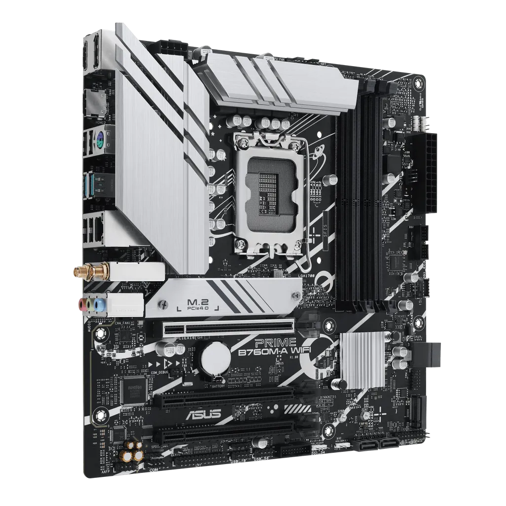 ASUS PRIME B760M-A WIFI Micro-ATX motherboard with Intel LGA1700 socket, DDR5 memory support, PCIe 5.0 expansion slot, and built-in Wi-Fi 6 for Intel 13th and 14th Gen processors