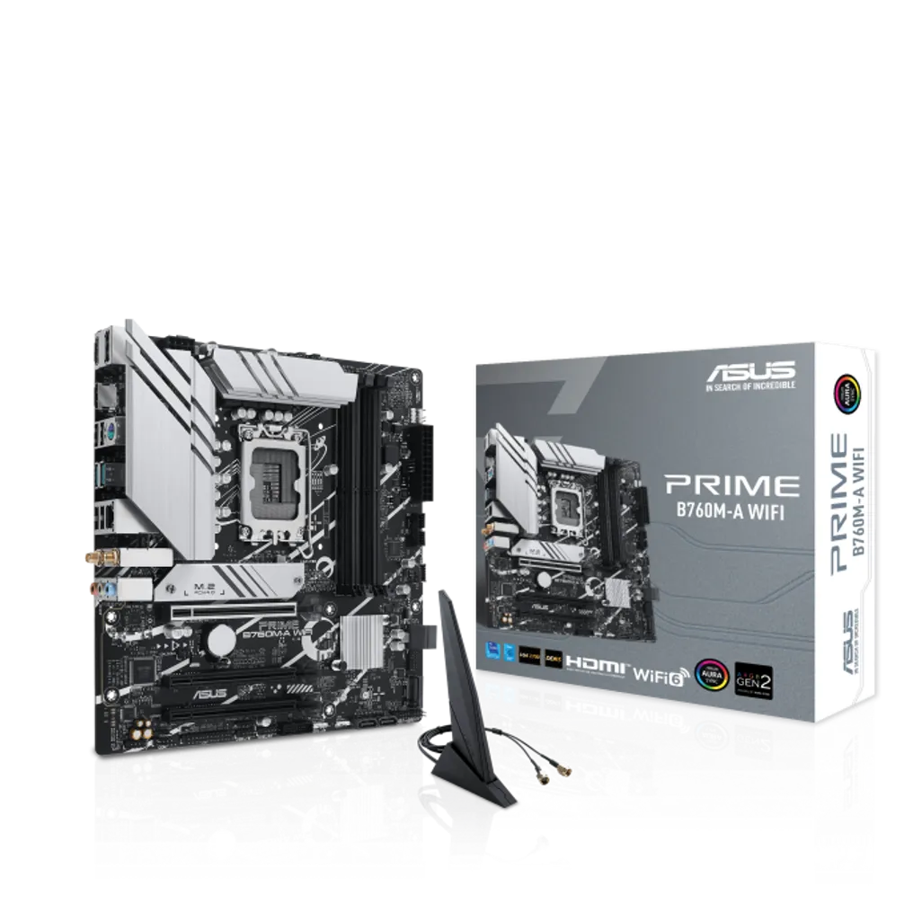 ASUS PRIME B760M-A WIFI Micro-ATX motherboard with Intel LGA1700 socket, DDR5 memory support, PCIe 5.0 expansion slot, and built-in Wi-Fi 6 for Intel 13th and 14th Gen processors