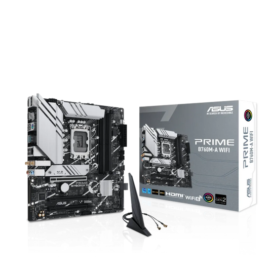 ASUS PRIME B760M-A WIFI Micro-ATX motherboard with Intel LGA1700 socket, DDR5 memory support, PCIe 5.0 expansion slot, and built-in Wi-Fi 6 for Intel 13th and 14th Gen processors
