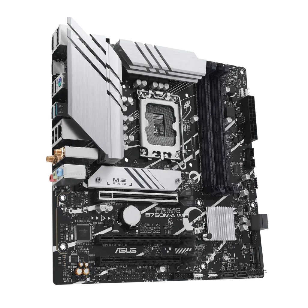 ASUS PRIME B760M-A WIFI Micro-ATX motherboard with Intel LGA1700 socket, DDR5 memory support, PCIe 5.0 expansion slot, and built-in Wi-Fi 6 for Intel 13th and 14th Gen processors