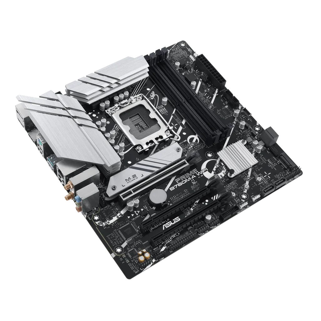 ASUS PRIME B760M-A WIFI Micro-ATX motherboard with Intel LGA1700 socket, DDR5 memory support, PCIe 5.0 expansion slot, and built-in Wi-Fi 6 for Intel 13th and 14th Gen processors