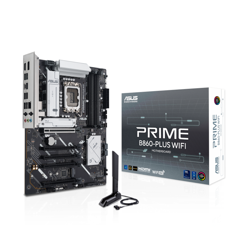 ASUS PRIME B860-PLUS WIFI ATX motherboard with Intel LGA1700 socket, DDR5 memory support, PCIe 5.0 expansion, and built-in Wi-Fi 6 for high-performance desktop PCs