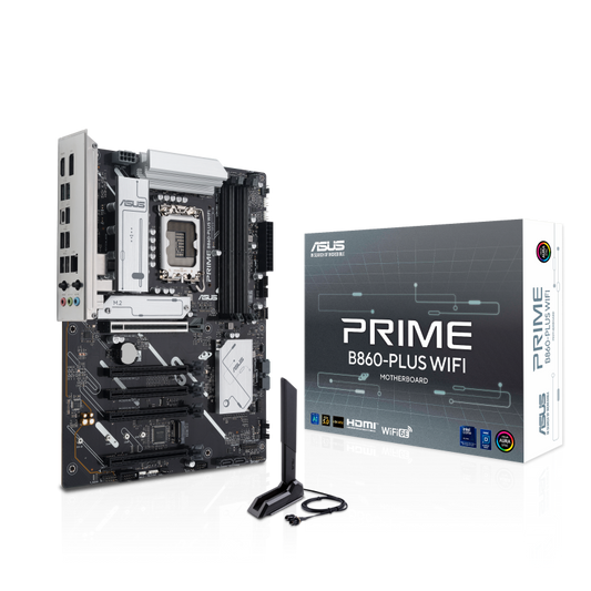 ASUS PRIME B860-PLUS WIFI ATX motherboard with Intel LGA1700 socket, DDR5 memory support, PCIe 5.0 expansion, and built-in Wi-Fi 6 for high-performance desktop PCs