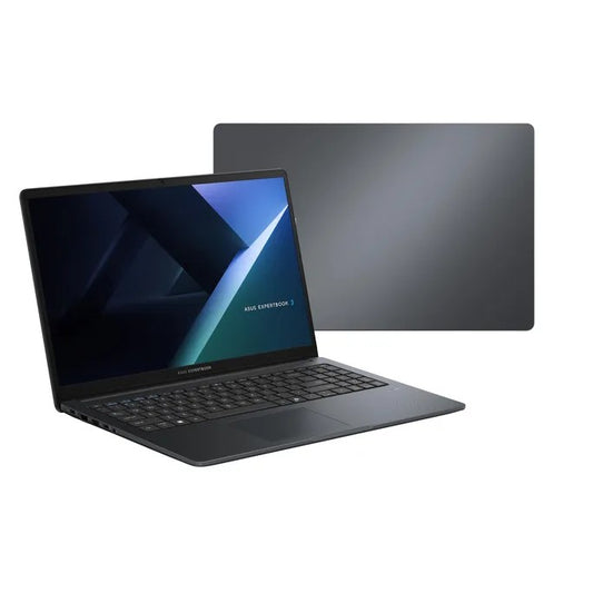 ASUS ExpertBook B1 laptop back cover with ASUS logo. ASUS ExpertBook B1 i7-1355U 15.6-inch laptop angled view.