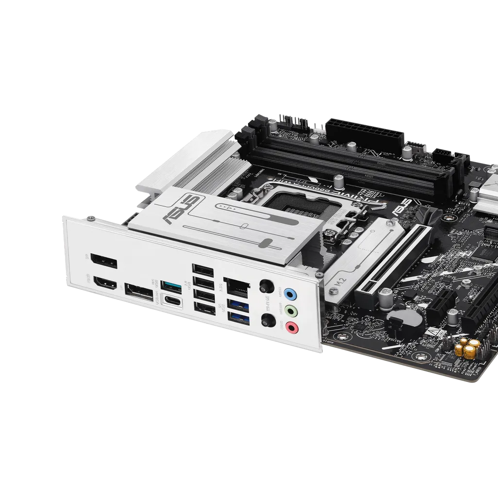 ASUS Prime B860M-A WIFI motherboard showing PCIe 5.0 slot, DDR5 DIMM slots, and Wi-Fi antenna ports
