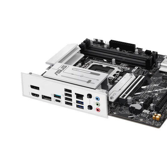ASUS Prime B860M-A WIFI motherboard showing PCIe 5.0 slot, DDR5 DIMM slots, and Wi-Fi antenna ports