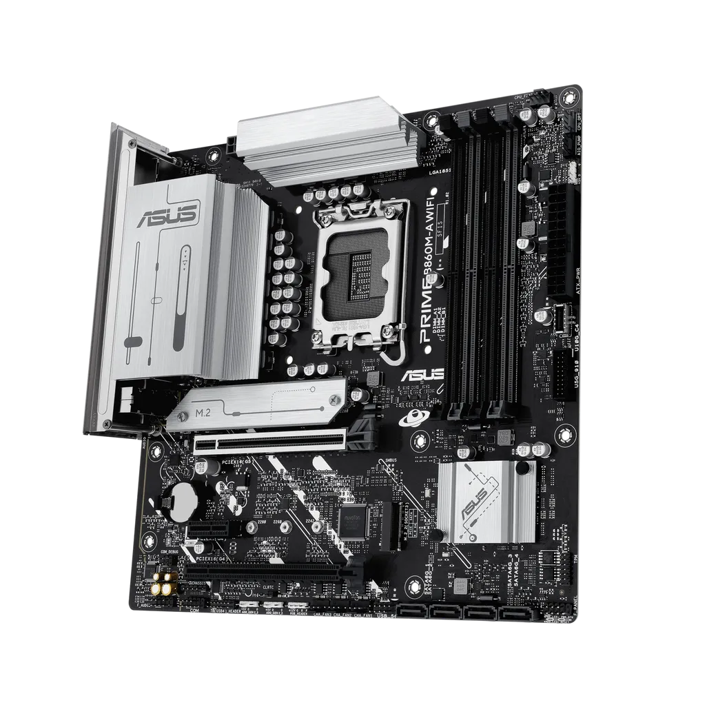 ASUS Prime B860M-A WIFI motherboard showing PCIe 5.0 slot, DDR5 DIMM slots, and Wi-Fi antenna ports
