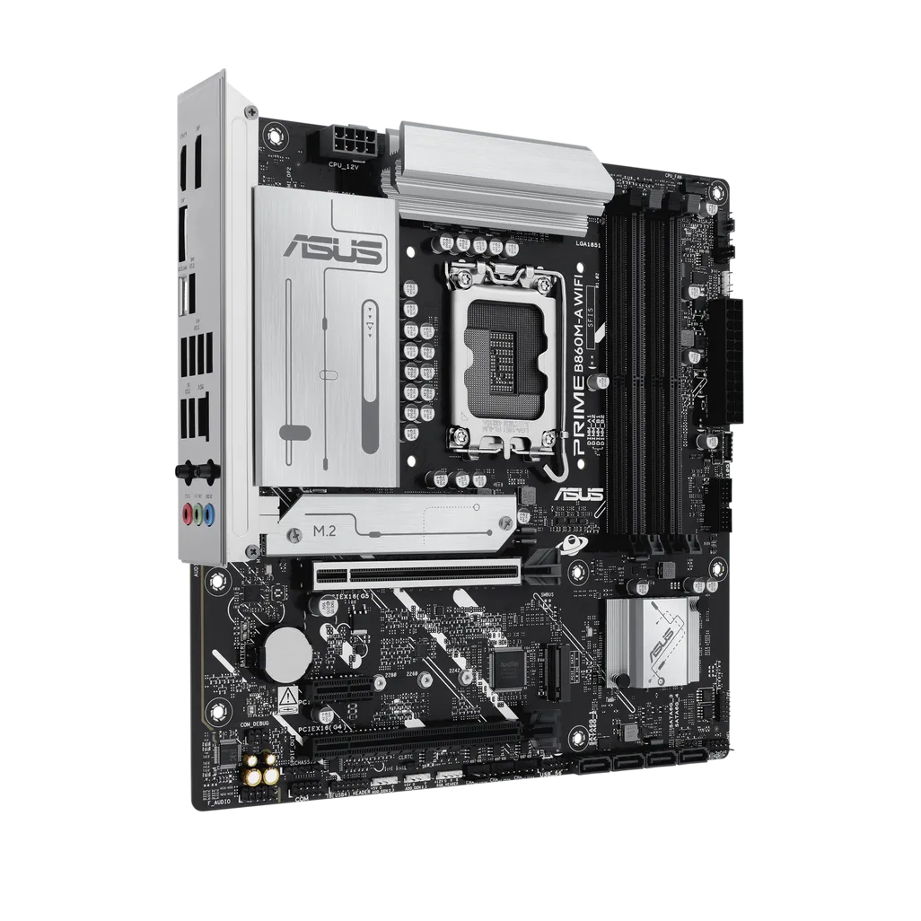 ASUS Prime B860M-A WIFI motherboard showing PCIe 5.0 slot, DDR5 DIMM slots, and Wi-Fi antenna ports