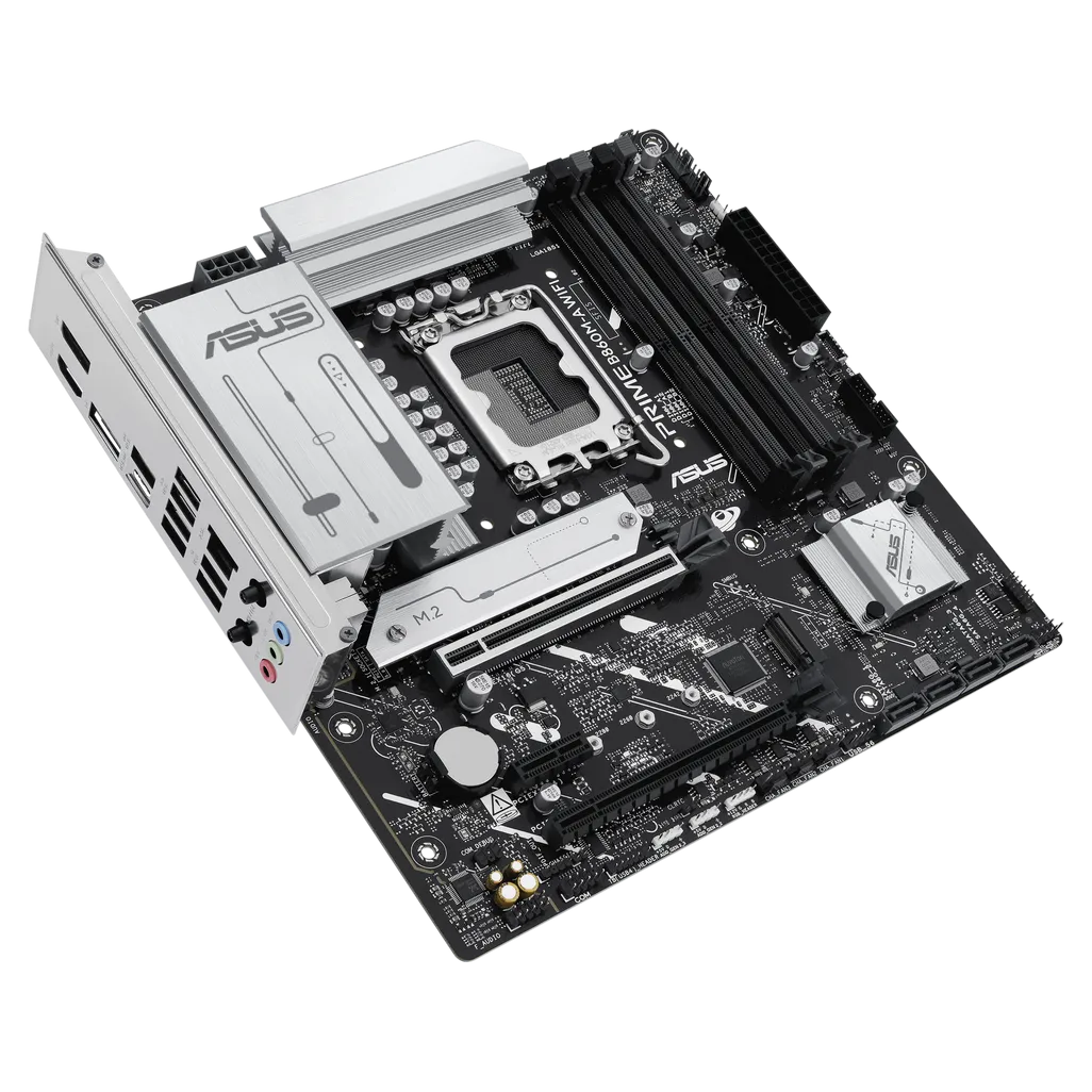 ASUS Prime B860M-A WIFI motherboard showing PCIe 5.0 slot, DDR5 DIMM slots, and Wi-Fi antenna ports