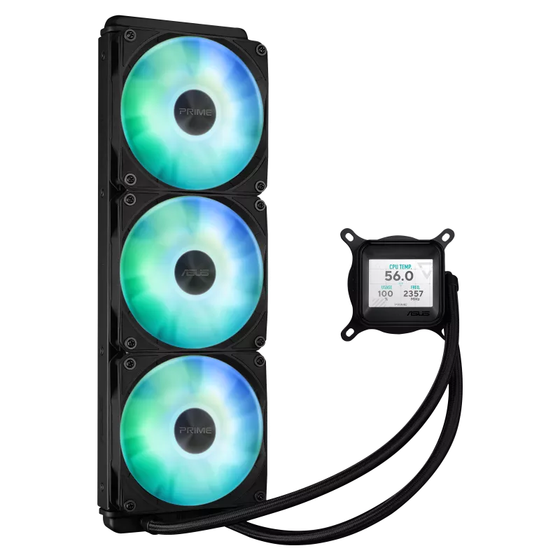 ASUS Prime LC 360 ARGB LCD all-in-one liquid cooler with vibrant ARGB lighting and integrated LCD screen