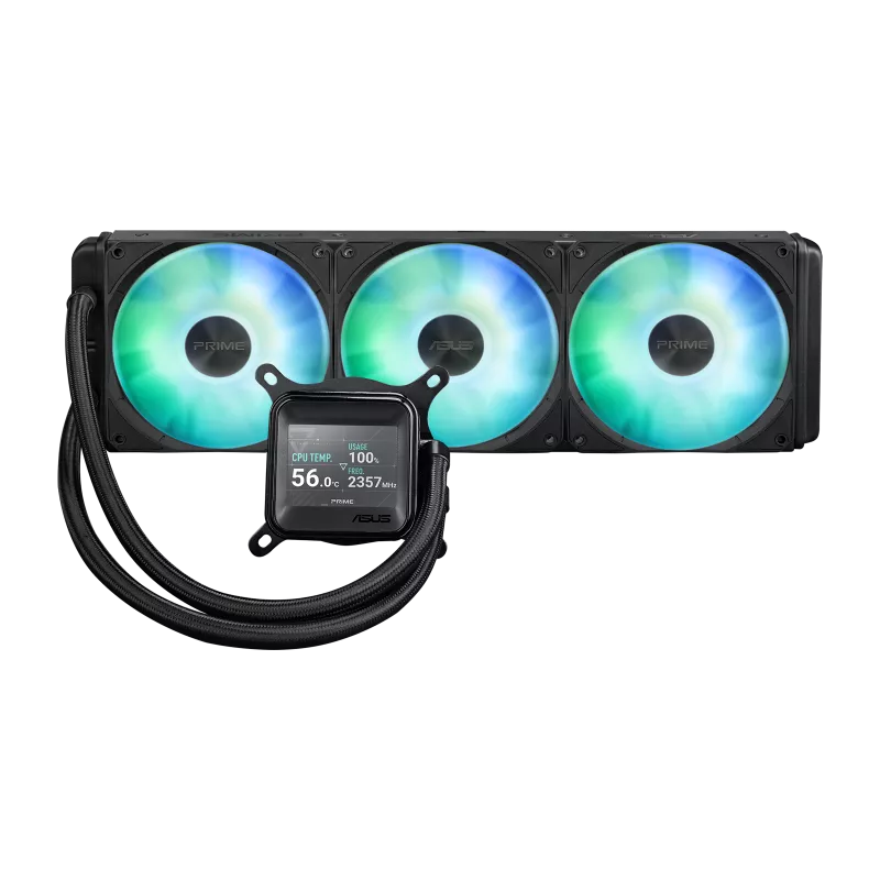ASUS Prime LC 360 ARGB LCD all-in-one liquid cooler with vibrant ARGB lighting and integrated LCD screen