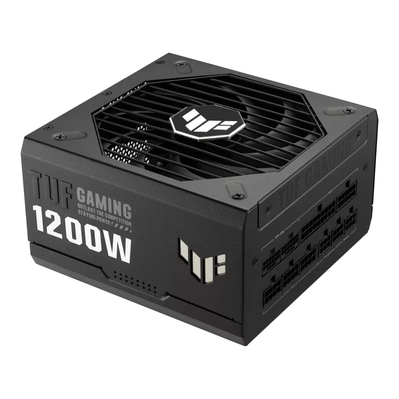 ASUS TUF Gaming 1200W 80+ Gold Power Supply Unit (PSU) – durable black ATX power supply with 13.5cm cooling fan, modular cables, and high-efficiency design for gaming PCs.
