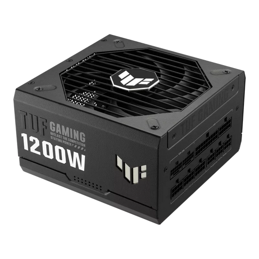 ASUS TUF Gaming 1200W 80+ Gold Power Supply Unit (PSU) – durable black ATX power supply with 13.5cm cooling fan, modular cables, and high-efficiency design for gaming PCs.