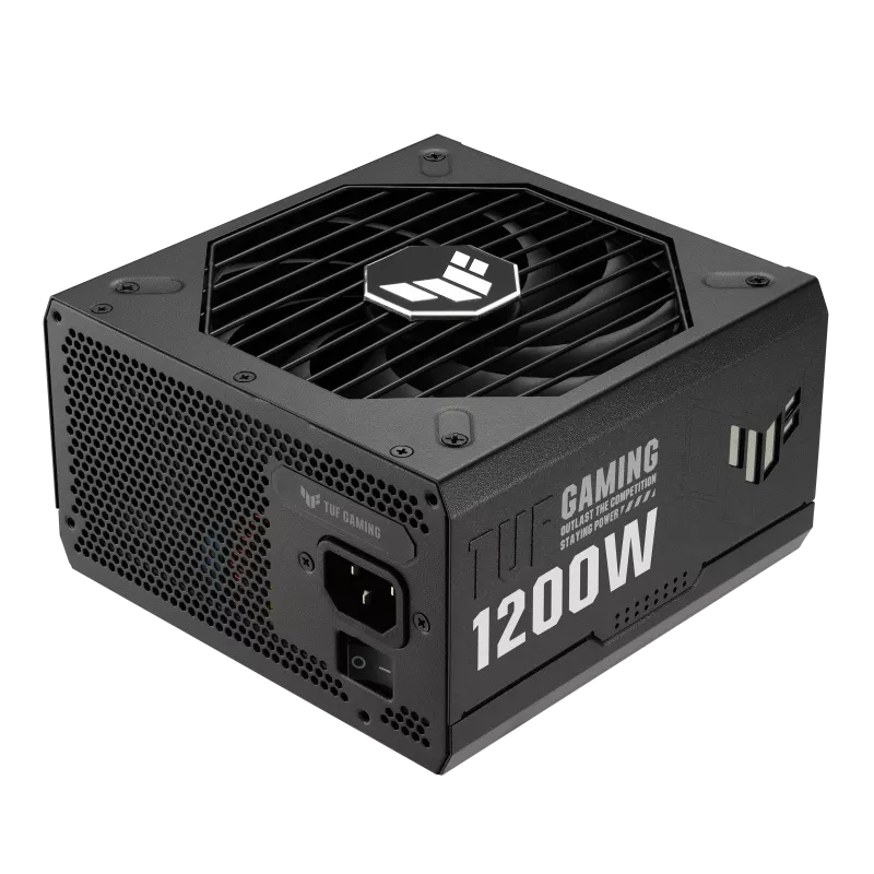 ASUS TUF Gaming 1200W 80+ Gold Power Supply Unit (PSU) – durable black ATX power supply with 13.5cm cooling fan, modular cables, and high-efficiency design for gaming PCs.