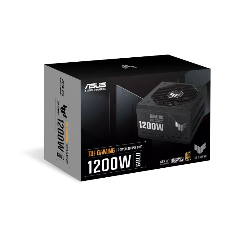 ASUS TUF Gaming 1200W 80+ Gold Power Supply Unit (PSU) – durable black ATX power supply with 13.5cm cooling fan, modular cables, and high-efficiency design for gaming PCs.