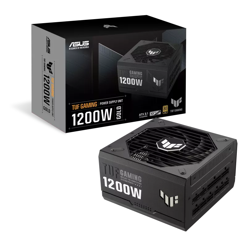 ASUS TUF Gaming 1200W 80+ Gold Power Supply Unit (PSU) – durable black ATX power supply with 13.5cm cooling fan, modular cables, and high-efficiency design for gaming PCs.