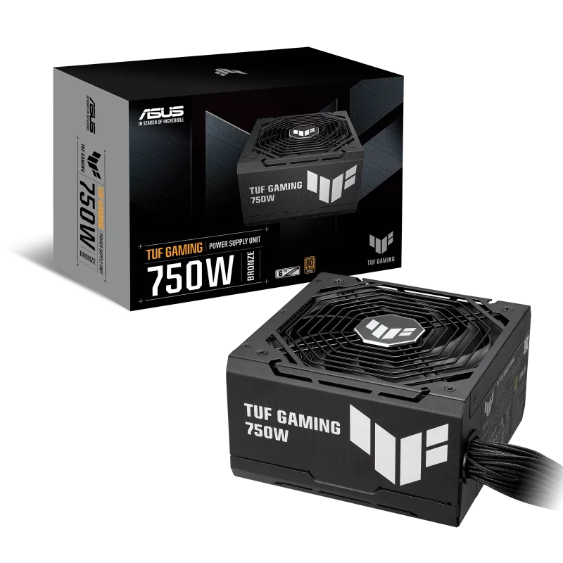 ASUS TUF Gaming 750W Bronze PSU in black with 80 Plus Bronze certification and high-performance cooling fan