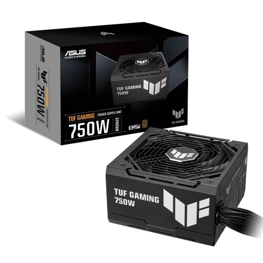 ASUS TUF Gaming 750W Bronze PSU in black with 80 Plus Bronze certification and high-performance cooling fan