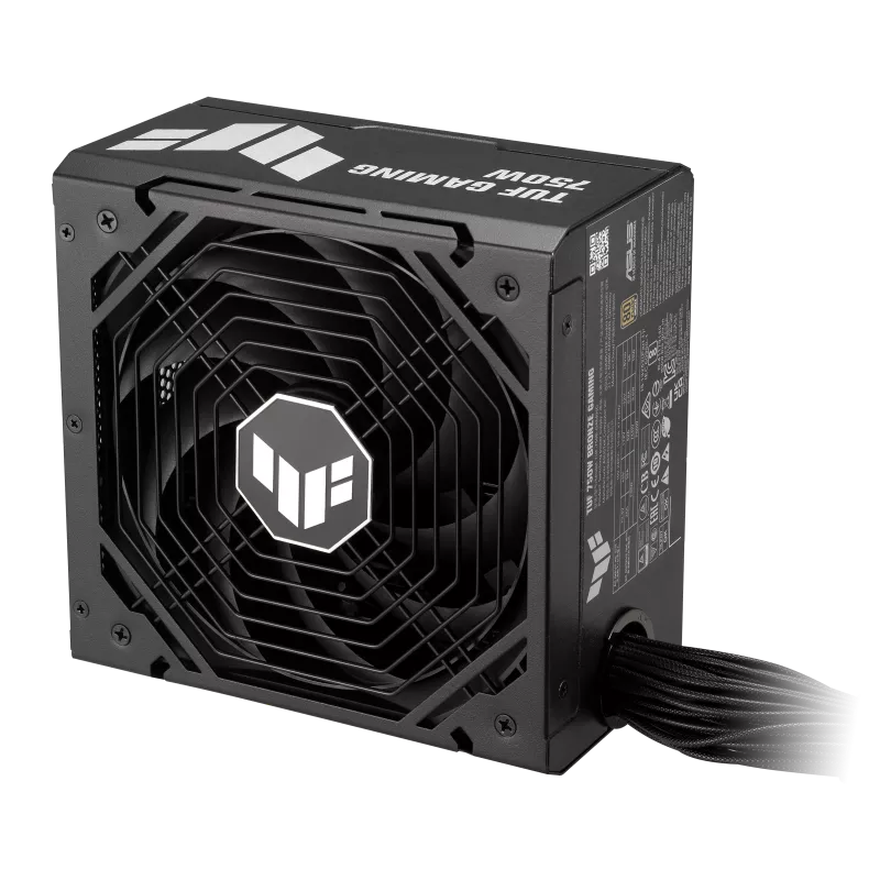 ASUS TUF Gaming 750W Bronze PSU in black with 80 Plus Bronze certification and high-performance cooling fan