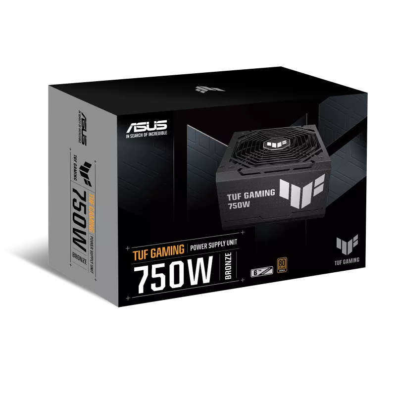 ASUS TUF Gaming 750W Bronze PSU in black with 80 Plus Bronze certification and high-performance cooling fan